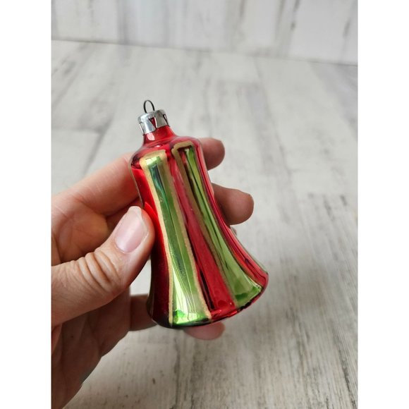 Vintage glass bell striped red green ornament Xmas set - Picture 11 of 14